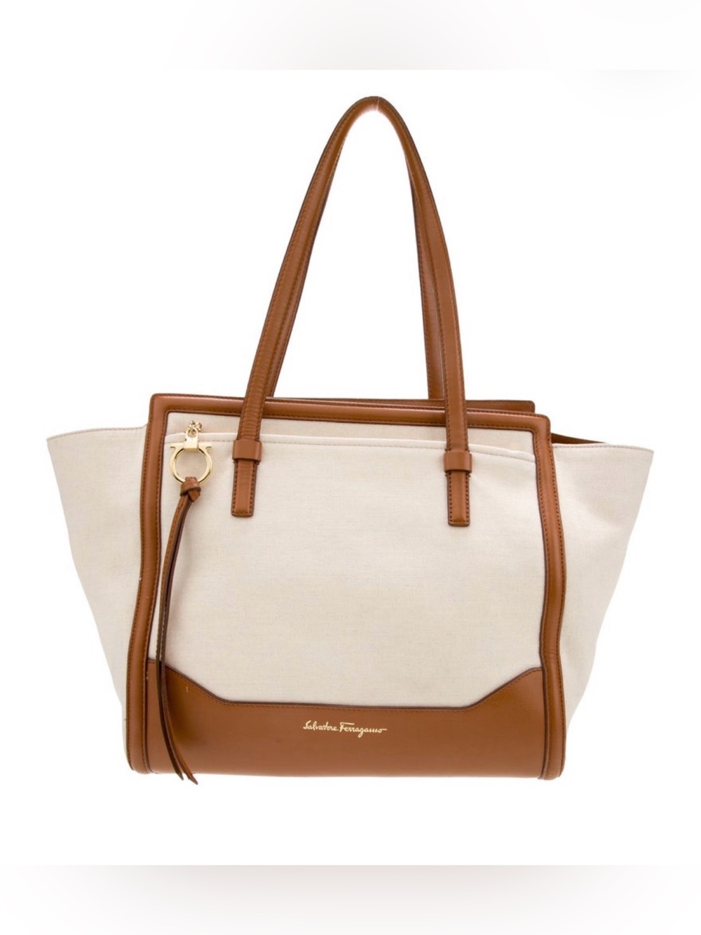 Salvatore Ferragamo Cream Canvas Tote with Brown Leather Trim